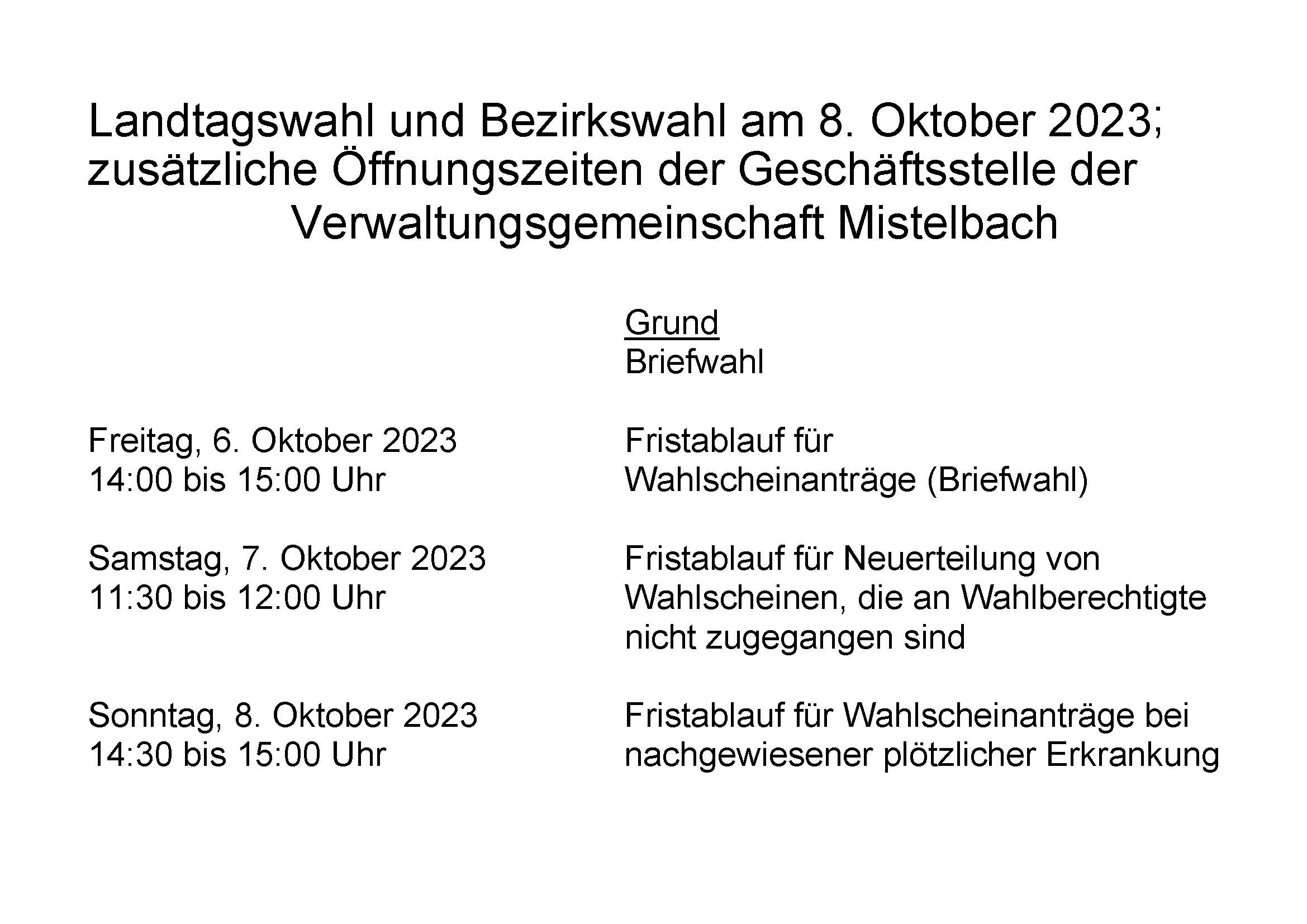 Sonderöffnungszeiten zur Landtags- und Bezirkswahl am 8. Oktober 2023